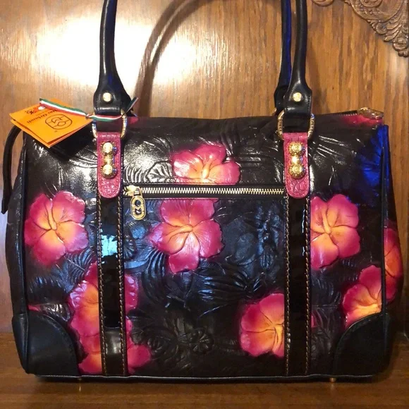 NWT-Marino Orlandi-Embossed Leather Satchel-Black-Tropical 🌺 Flowers-Italian 🇮🇹 - Picture 5 of 16